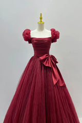 Evening Dress Sleeve, Burgundy Tulle Long A-Line Prom Dress, Lovely Evening Graduation Dress