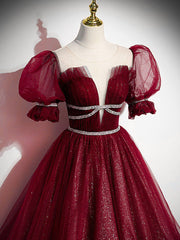 Party Dresses For Teen, Burgundy Tulle Sequin Long Prom Dress, Burgundy Formal Evening Dresses