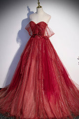 Prom Dresses Short, Burgundy Tulle Strapless Floor Length Prom Dress, A-Line Evening Graduation Dress