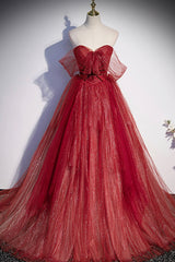 Short Black Dress, Burgundy Tulle Strapless Floor Length Prom Dress, A-Line Evening Graduation Dress