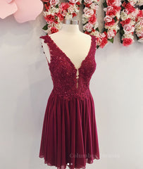 Party Dress Renswoude, Burgundy v neck chiffon lace short prom dress, homecoming dress