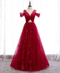 Evening Dress Shopping, Burgundy V Neck Tulle Lace Long Prom Dress Burgundy Evening Dress