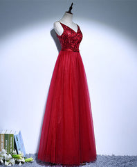 Prom Dress Chicago, Burgundy V Neck Tulle Long Prom Dress, Evening Dress