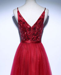 Prom Dresses Chicago, Burgundy V Neck Tulle Long Prom Dress, Evening Dress