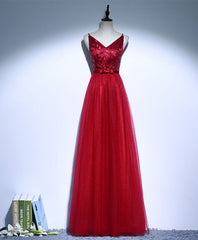 Prom Dresses Mermaide, Burgundy V Neck Tulle Long Prom Dress, Evening Dress