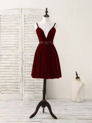 Party Dresses Long Dress, Burgundy V Neck Velvet Short Prom Dress, Burgundy Homecoming Dress