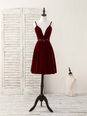 Party Dress Websites, Burgundy V Neck Velvet Short Prom Dress, Burgundy Homecoming Dress