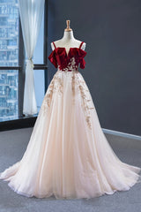 Party Dresses With Sleeves, Burgundy Velvet Lace Long Prom Dress, A-Line Off Shoulder Evening Dress