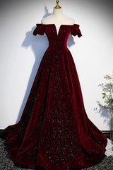 Prom Dress Graduacion, Burgundy Velvet Long Prom Dress, A-Line Off the Shoulder Evening Dress