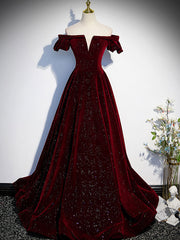 Party Dresses Lace, Burgundy Velvet Long Prom Dress, Burgundy Long Formal Dress