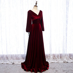 Homecoming Dresses 14 Year Old, Burgundy Velvet Long Sleeves A-line Prom Dress, Long Simple Bridesmaid Dresses