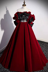 Prom Dress Elegent, Burgundy Velvet Off the Shoulder Floor Length Prom Dress