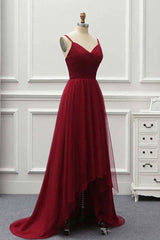 Off Shoulder Prom Dress, A Line High Low Tulle Prom Dress with Train, Burgundy V Neck Backless Formal Dress