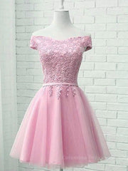 Homecoming Dress Pretty, Cap Sleeves Short Pink Lace Prom Dresses, Short Pink Lace Formal Bridesmaid Dresses