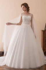 Wedding Dresses For Summer, Cape Cloak Tulle Appliques White Wedding Dresses