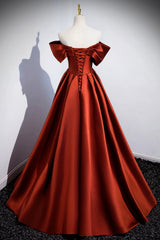 Prom Dresses Near Me, Caramel Floor Length Satin Formal Dress, Cute Off Shoulder A-line Evening Dress