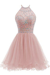 Prom Dress Ball Gown, Beaded Halter Homecoming Dress, Short Tulle Dress