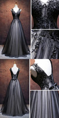 Prom Dress Tight, Chic A Line V Neck Floor Length Tulle Black Applique Long Prom Dress, Evening Dress