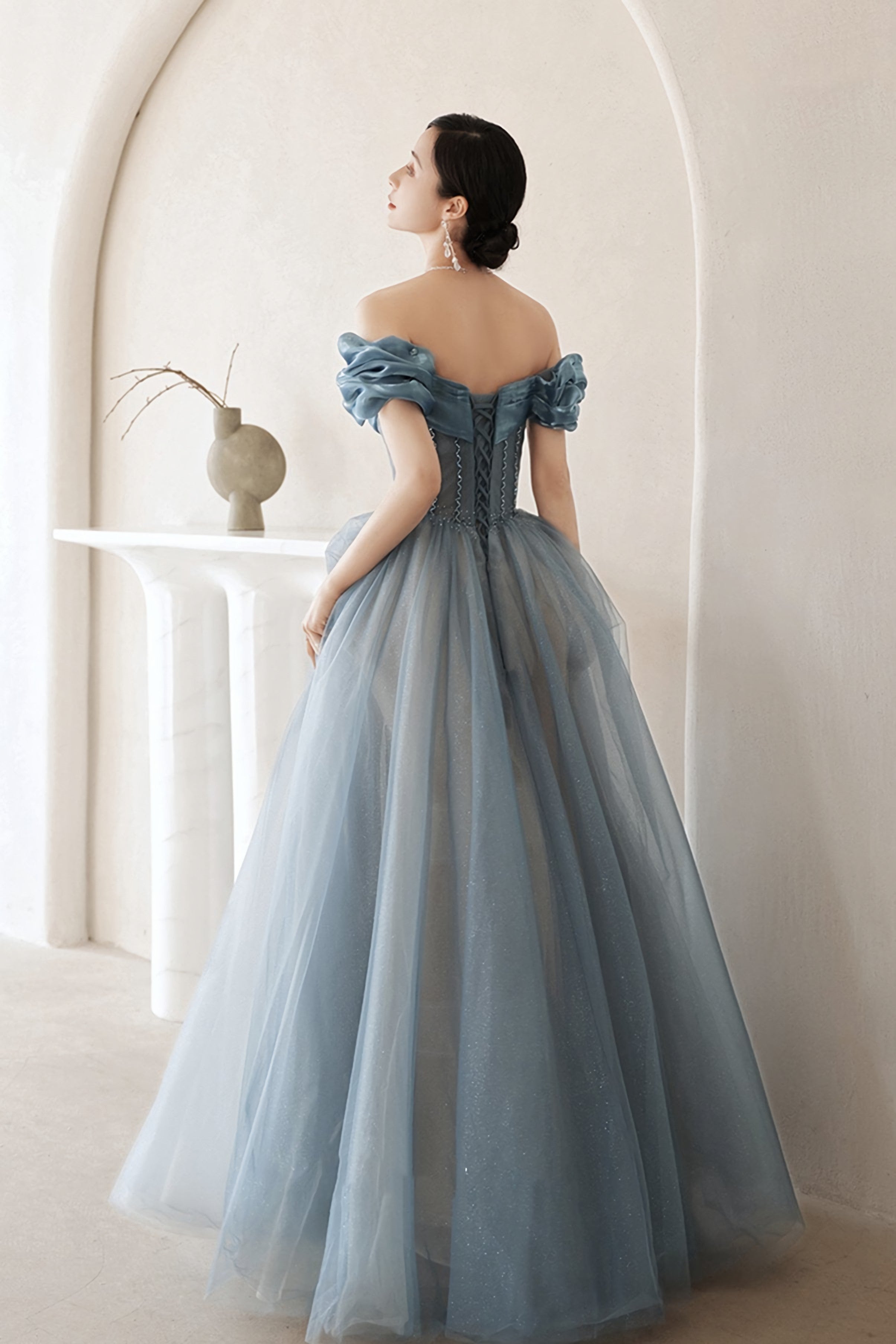 Prom Dress Chiffon, Blue Tulle Long A Line Prom Dress, Off Shoulder Evening Dress