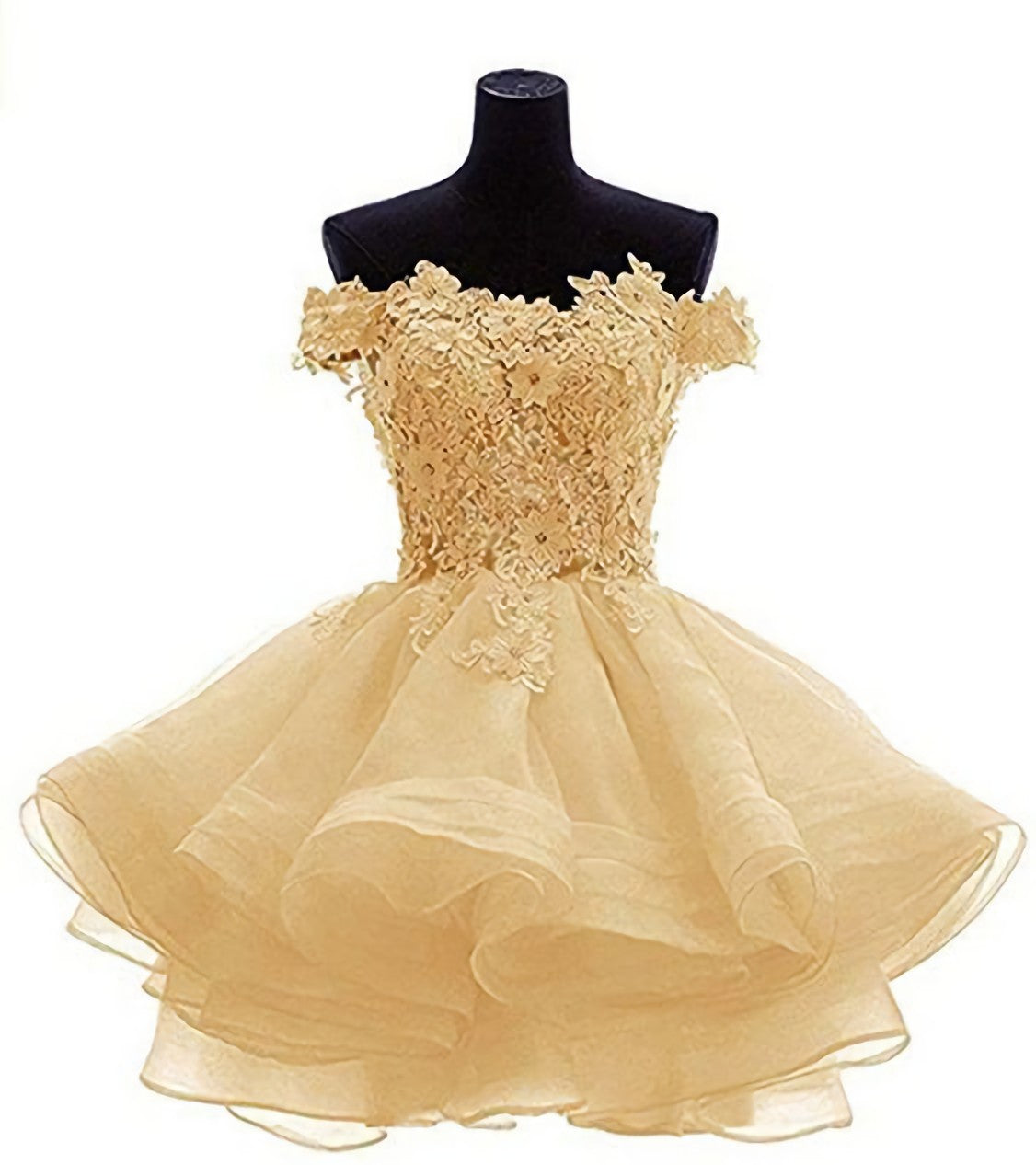 Homecoming Dress Chiffon, Elegant Yellow Appliques Tulle Dress, Ruffles Off Shoulder Short Homecoming Dress