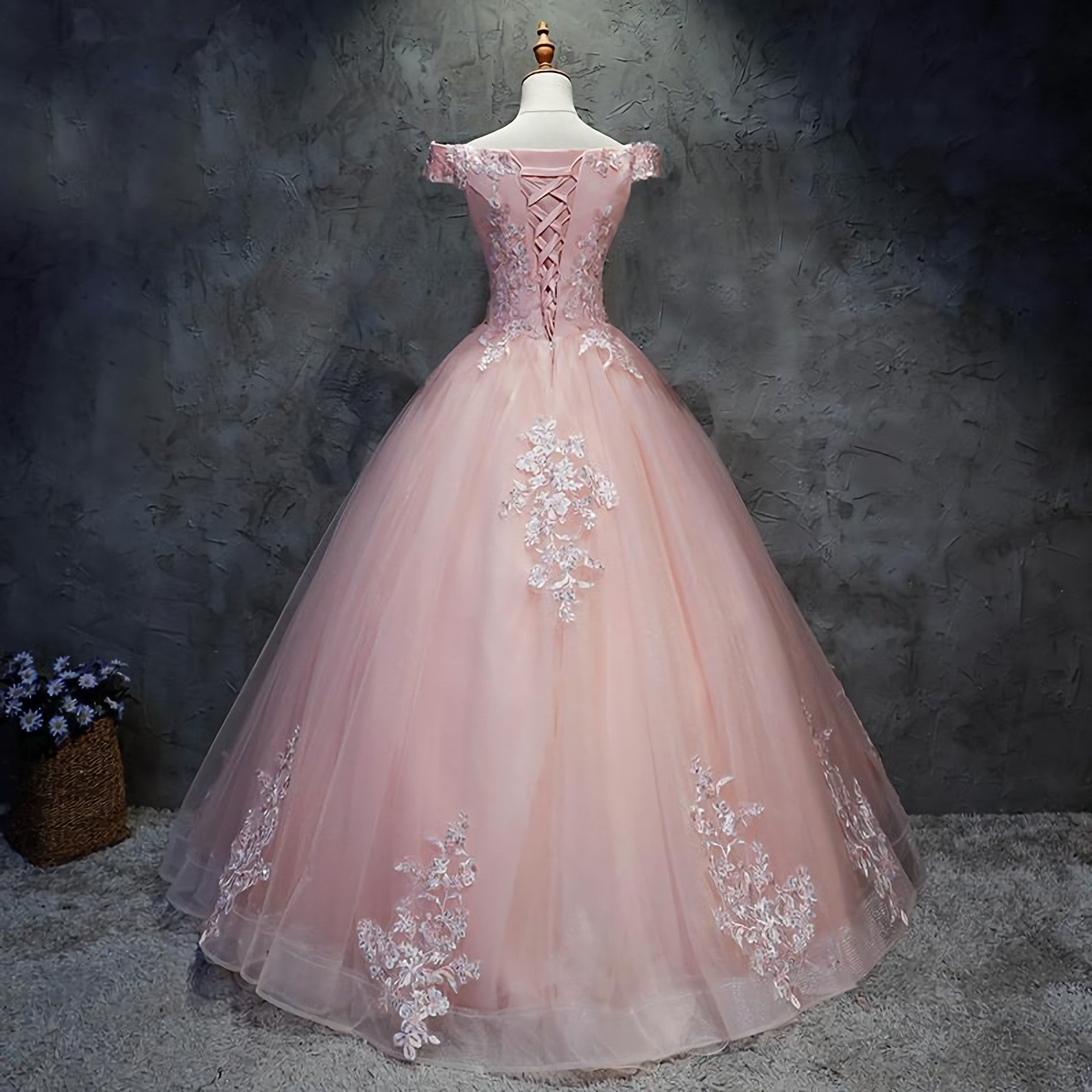 Prom Dress Long Beautiful, Pink Cap Sleeves Ball Gown Tulle With Lace Sweet 16 Prom Dresses, Long Quinceanera Dresses