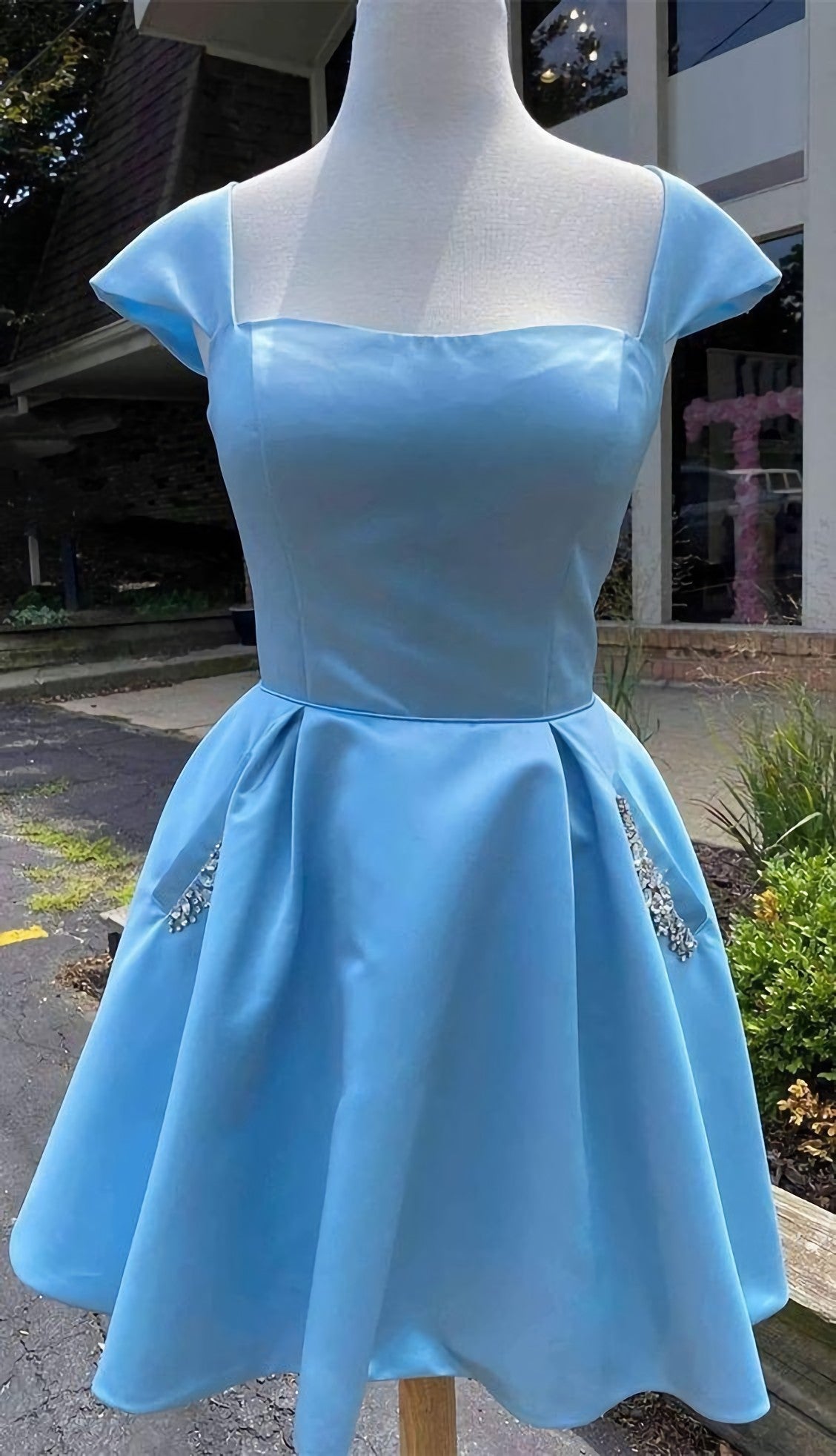 Hoco, Cap Sleeves Light Blue Satin Short Homecoming Dress, With Beaded Bodice