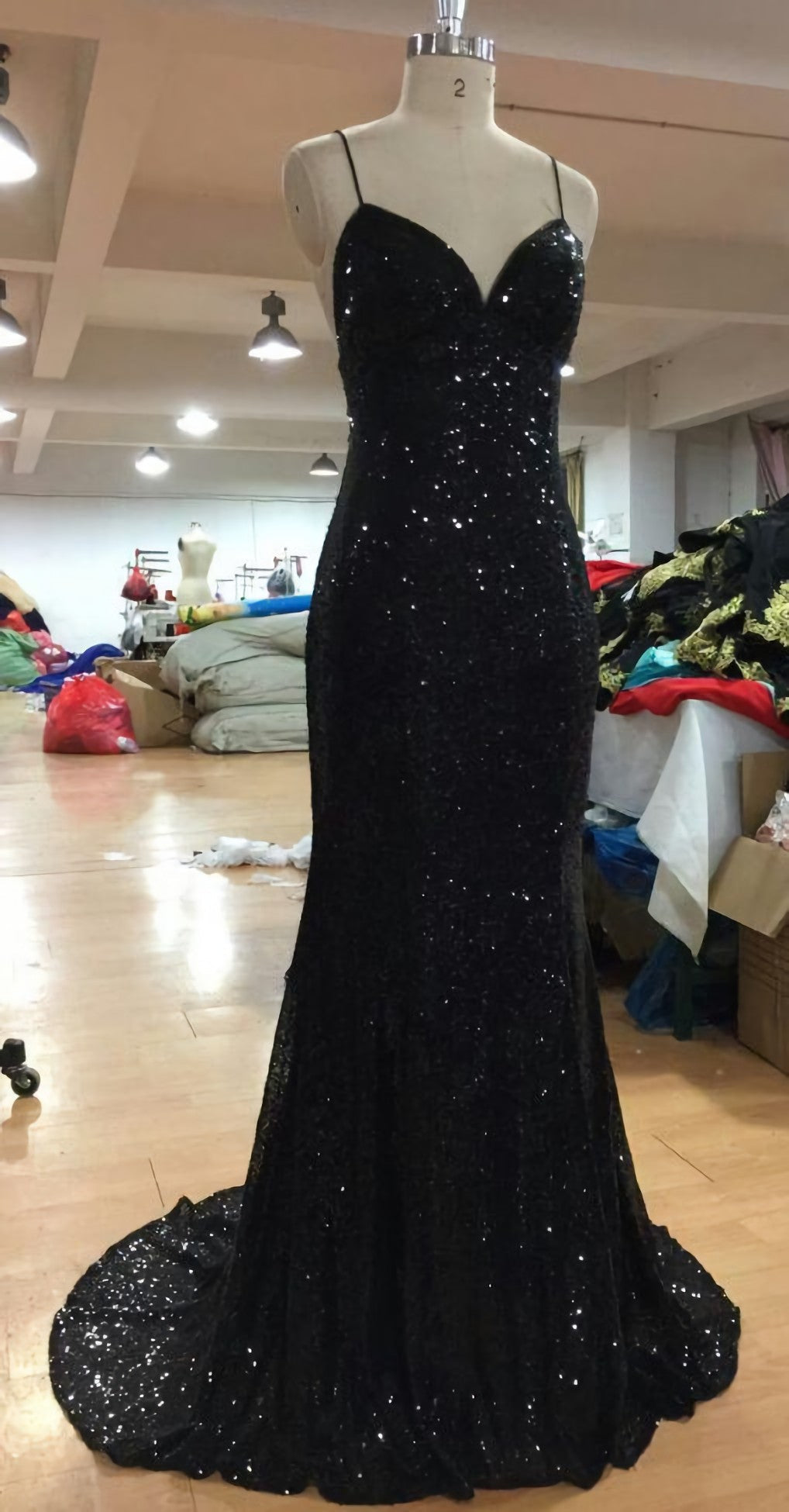 Prom Dresses Laced, V Neckline Criss Cross Backless Bling Bling Mermaid Prom Dress, Black Sequins Evening Dresses