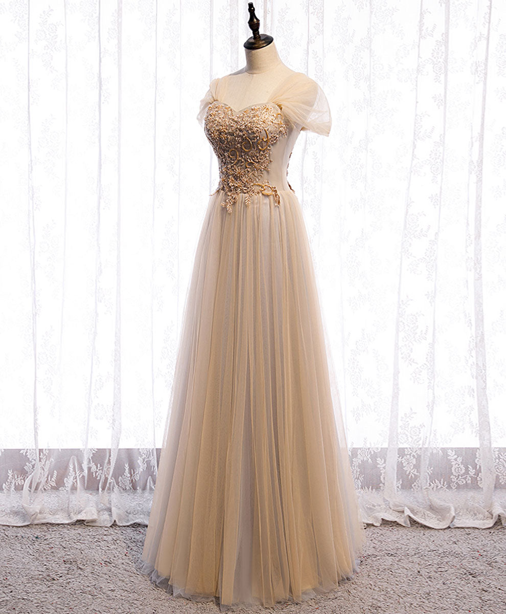 Senior Prom Dress, Champagne Sweetheart Tulle Lace Long Prom Dress Champagne Formal Dress