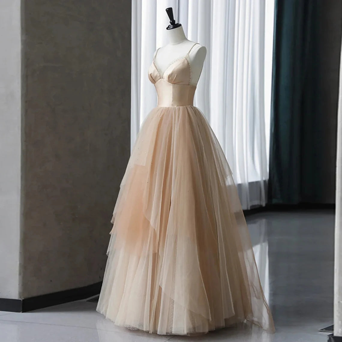 Formal Dresses For Fall Wedding, Champagne Tulle Gradient Tulle Straps Long Evening Dress, Charming Formal Gown