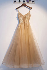 Prom Dress Piece, Champagne tulle lace long prom dress champagne formal dress