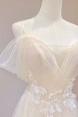 Backless Prom Dress, Champagne Tulle Long Prom Dress with Lace, Off the Shoulder Evening Dress