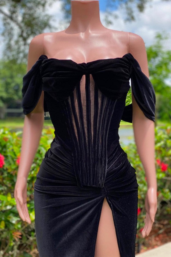 Evening Dresses Stunning, Charming Black Long Mermaid Off the Shoulder Velvet Prom Dress with Slit