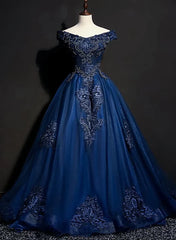 Formal Dress Shop Near Me, Charming Blue Off the Shoulder Long Sweet 16 Dress, Handmade Party Gown