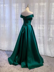 Party Dress Teens, Charming Dark Green Satin Long Junior Prom Dress, Off Shoulder Evening Gown