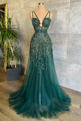 Evening Dresses 17, Charming Dark Green Tulle Long Evening Dress Sweetheart Sleeveless Formal Prom Dress