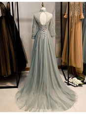 Prom Dresses Curvy, Charming Tulle Long Sleeves Beaded and Lace Long Party Dress, A-line Tulle Formal Gown