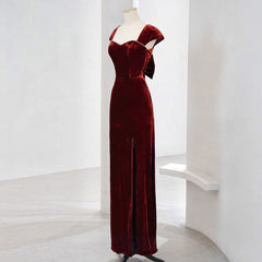 Wedding Dress Trend, Charming Wine Red Velvet Cap Sleeves Long Party Dress, Wedding Party Dresses