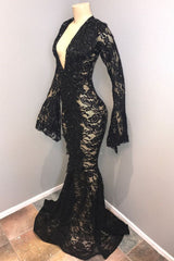 Chic Black Lace V-neck Long Sleevess Mermaid Prom Dresses Sheer Floor Length Evening Gowns