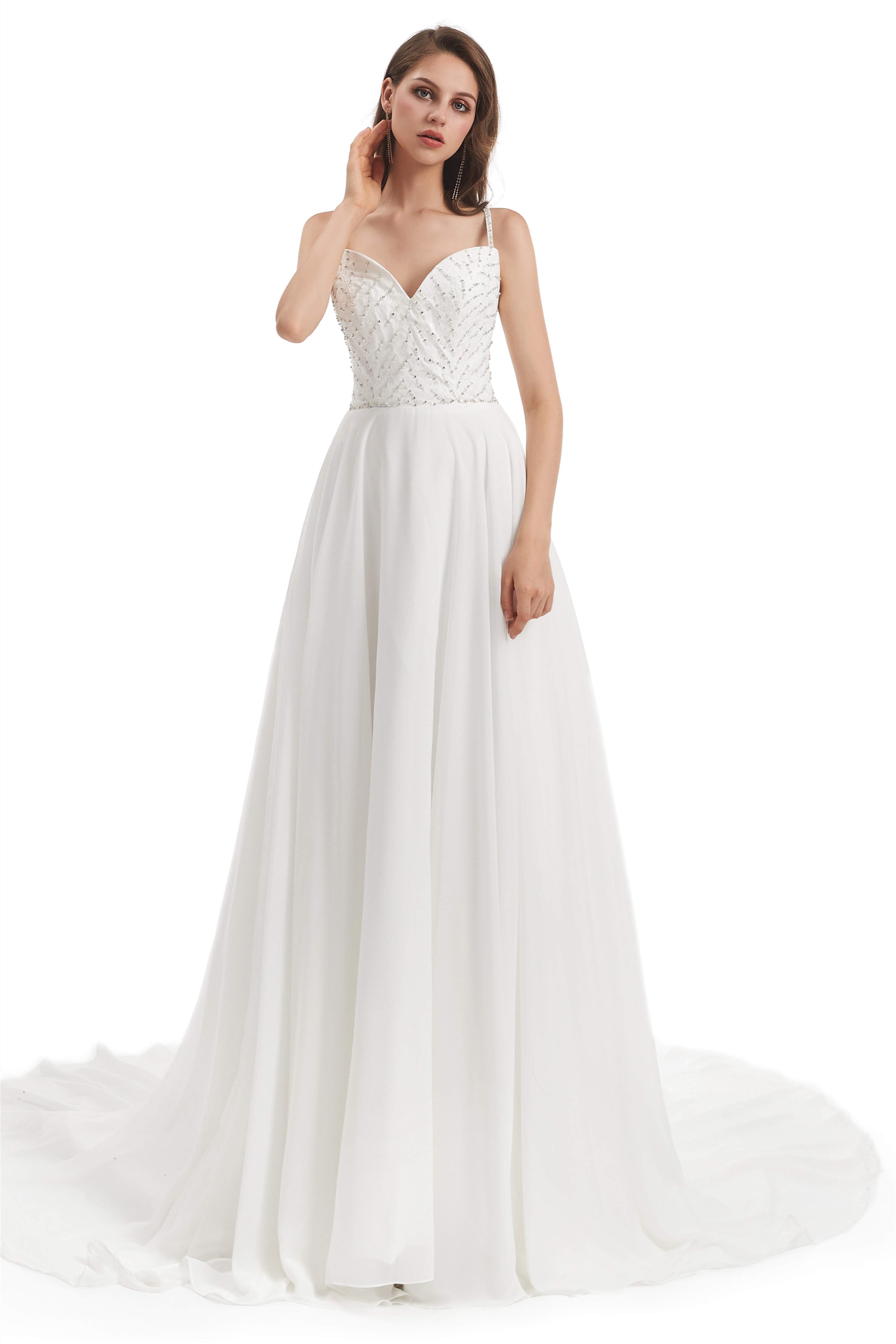 Wedding Dresses Vintage, Chiffon Lace Spaghetti Straps Beading Wedding Dresses