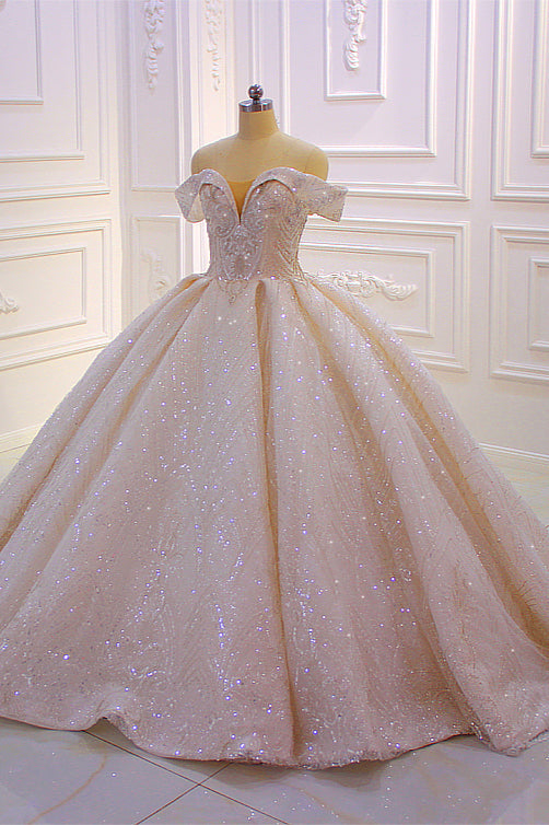 Wedding Dresses Online, Classy Long Off the Shoulder Sequin Beading Satin Ball Gown Wedding Dress