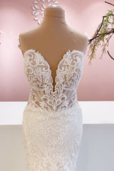 Wedding Dress For Bride And Groom, Classy Long Sweetheart Backless Mermaid Wedding Dress With Appliques Lace