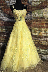 Bridesmaid Dresses Color Palettes, Custom Made Backless Yellow Lace Floral Long Prom Dress, Yellow Lace Formal Graduation Evening Dress