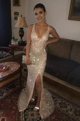 Custom Made Sparkly Sequined V Neck Golden Long Prom Dresses with Leg Slit, Shiny Golden Formal Dresses, Evening Dresses, Graduation Dresses