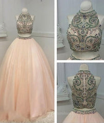 Formal Dresses For Sale, Custom Made Two Pieces High-Neck Beaded Pink Tulle Prom Dresses, Pink Evening Dresses