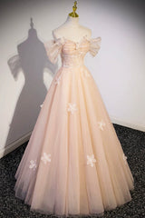 Prom Dresses Fitting, Cute Flowers Tulle Long Formal Dresses, Off Shoulder Evening Dresses