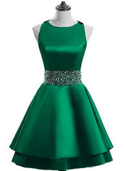 Formal Dresses For Middle School, Cute Satin Knee Length Cross Back Beaded Party Dress, Homecoming Dress