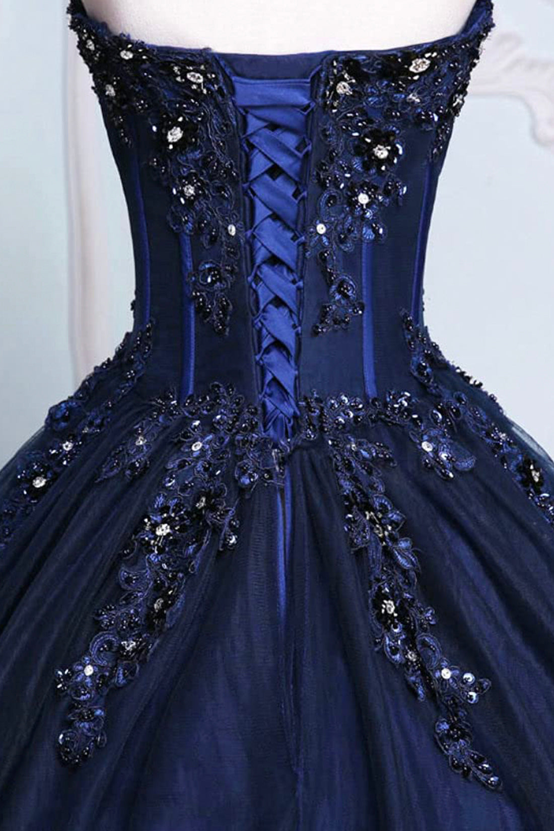 Prom Dress Long Open Back, Dark Blue Tulle Lace Princess Dress, A-Line Strapless Long Prom Dress