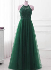 Bridesmaid Dresses Chicago, Dark Green Cross Back Tulle Halter Long Party Dress, A-line Junior Prom Dress