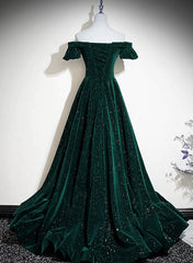 Bridesmaids Dresses Uk, Dark Green Velvet Off Shoulder Long Party Dress, Green A-line Prom Dress