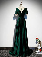 Wedding Dresses Vintage Bohemian, Dark Green Velvet Short Sleeves A-line Bridesmaid Dresses, A-line Wedding Party Dress Prom Dress